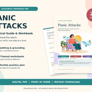 May include: A 20-page printable digital PDF workbook titled Panic Attacks: Practical Guide & Workbook. The cover features an illustration of a person sitting in a purple armchair, with text detailing breathing, grounding, and CBT-based worksheets.