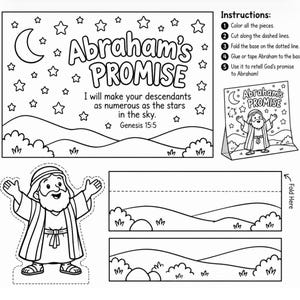 May include: A black and white printable craft sheet titled Abraham's Promise featuring a starry sky, a crescent moon, hills, and a figure of Abraham. Includes numbered instructions, dashed cut lines, and a dotted fold line for assembly.