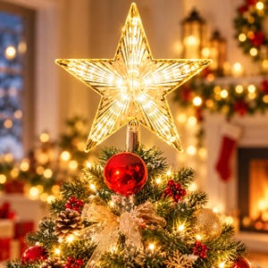 Può includere: Un puntale per albero a forma di stella a cinque punte, realizzato in materiale trasparente sfaccettato che emana una luce bianca calda. La stella è montata su una base cilindrica sopra un pino verde decorato con palline rosse e fiocchi dorati.