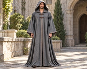 Medieval Hooded Cloak for Men, Grey Wizard Robe, Fantasy Ranger Costume, Renaissance LARP Outfit, Gothic Cosplay Cloak, Medieval Cape