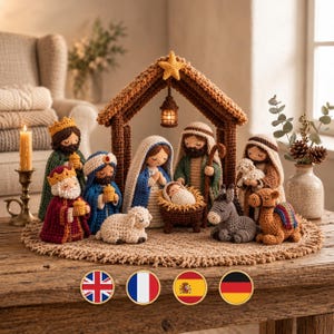May include: A crochet nativity set featuring figures of Mary, Joseph, the infant Jesus in a manger, three kings, a shepherd, a sheep, a donkey, and a camel, all housed under a brown crocheted stable structure with a yellow star.