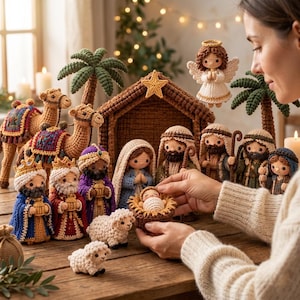 May include: A crochet nativity set featuring a stable with a yellow star, an angel, camels, sheep, and figures including Mary, Joseph, and the three wise men. A small crochet baby in a basket is held in the center of the scene.