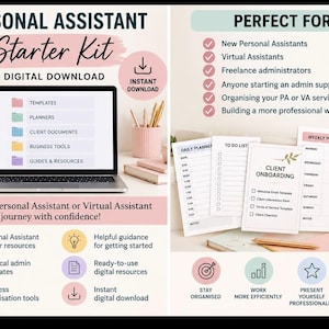 May include: A digital download Personal Assistant Starter Kit featuring a laptop displaying folders for templates, planners, and client documents. Includes printed daily planners, to-do lists, client onboarding forms, weekly planners, and client trackers.