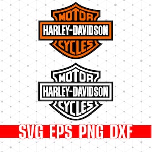 May include: Two Harley-Davidson logos featuring a shield design with the text MOTOR, HARLEY-DAVIDSON, and CYCLES. The top logo is orange and black, while the bottom logo is black and white. Below, a red bar displays the text SVG EPS PNG DXF.