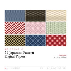 Japanese Pattern Digital Paper, 72 Seamless Wagara Papers: Seigaiha, Asanoha, Shippo, Kikko, 12x12 in 300 dpi, Commercial Use
