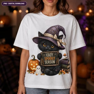 Lapptäcke med svart katt och häxhatt Halloween-skjortadesign (digital nedladdning)