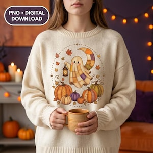 Patchwork Ghost Halloween Shirt Design, Quilted Pumpkin Moon (Digital Download)