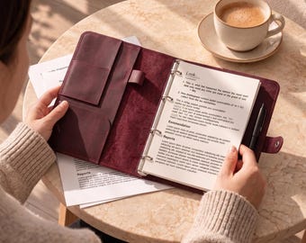 Puede incluir: Una carpeta de cuero color burdeos profundo con un mecanismo de metal de seis anillas, bolsillos interiores y un bolígrafo negro. La carpeta abierta muestra una página blanca con texto impreso que comienza con Look, junto a una taza de café.