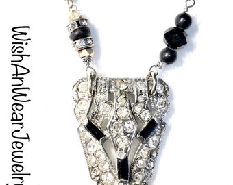 Sterling Silver Bar Pendant Necklace-Handmade-2 Tone Metals-Rhinestones-Crystals-Redesigned Vintage Brooch-Minimalist-OOAK-WishAnWearJewelry