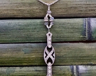 Sterling Silver Bar Pendant Necklace-Handmade-2 Tone Metals-Rhinestones-Crystals-Redesigned Vintage Brooch-Minimalist-OOAK-WishAnWearJewelry