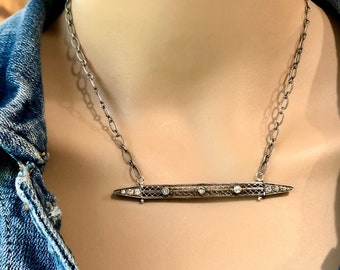 Sterling Silver Bar Pendant Necklace-Handmade-2 Tone Metals-Rhinestones-Crystals-Redesigned Vintage Brooch-Minimalist-OOAK-WishAnWearJewelry