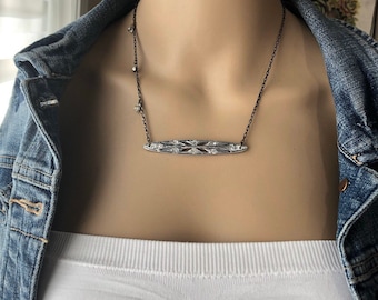 Sterling Silver Bar Pendant Necklace-Handmade-2 Tone Metals-Rhinestones-Crystals-Redesigned Vintage Brooch-Minimalist-OOAK-WishAnWearJewelry
