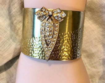 Art Deco Cuff Bracelet-Brass/Silver/Rhinestone-UpCYcLed Vintage Dress Clip-Repurposed Vintage Boho Jewelry-Original-WishAnWearJewelry