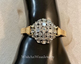 Refashioned Gold Rhinestone Stretch Bracelet-Repurposed Mid Century Earring & Watchband-Vintage Assemblage 2nd Time Around WishAnWearJewelry