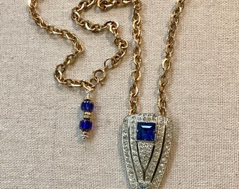 Removable Art Deco ‘20s Dress Clip/Brooch Pendant Necklace-Sapphire Blue & Clear Rhinestones-Yellow Gold Chain-Vintage Assemblage-Statement-