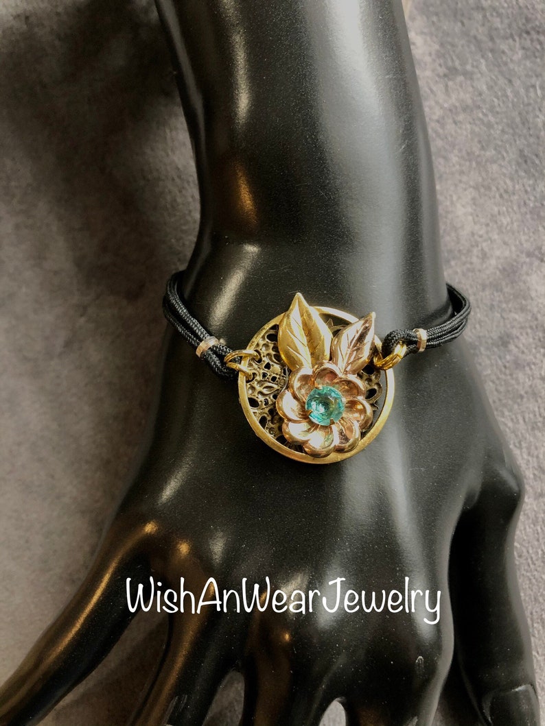 Sweet Restyled Retro Style Bracelet-Repurposed Jewelry-Vintage Handmade Assemblage-Rose /& Yellow Gold Floral Design-Blue Topaz Glass Stone