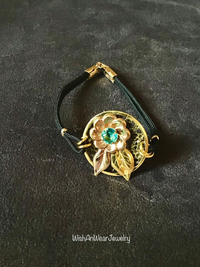 Sweet Restyled Retro Style Bracelet-Repurposed Jewelry-Vintage Handmade Assemblage-Rose /& Yellow Gold Floral Design-Blue Topaz Glass Stone
