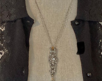UpCyCLed Vintage Long Pendant Lariat Necklace-Labradorite Gemstone-Refashioned Art Deco Rhinestone Focal-Silver Tone-One-of-a-Kind Original
