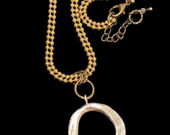 Sterling Silver Circle Pendant w/Brass Bead Chain Necklace-Mixed Metals-Everyday Necklace-One of a Kind-Handmade-WishAnWearJewelry