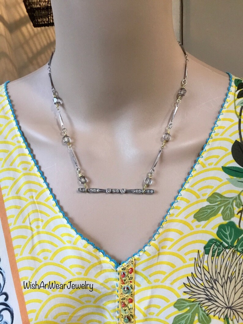 Sterling Silver Bar Pendant Necklace-Handmade-2 Tone Metals-Rhinestones-Crystals-Redesigned Vintage Brooch-Minimalist-OOAK-WishAnWearJewelry