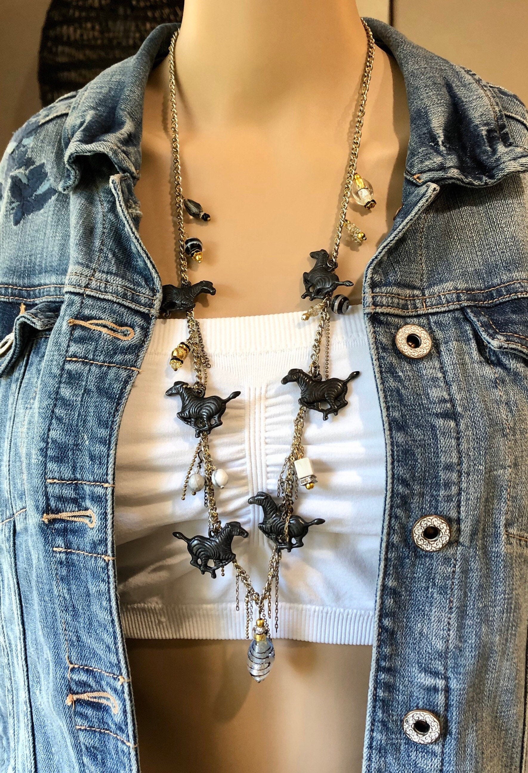 Long Funky Boho Necklace-zebra Charms 