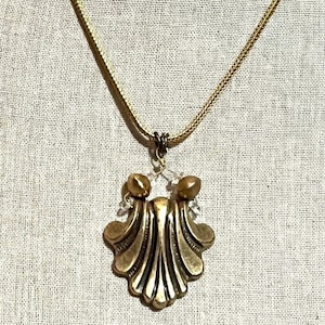 Vintage Art Deco/Nouveau Medallion Necklace-Redesigned Vintage Jewelry-Antique Brass Repousse Shell Pendant-One of A Kind Orig. Assemblage