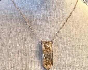 Vintage Etched Yellow Gold Tie Pendant Necklace-Repurposed Textured Antique Dress Clip-Flowers/Vines-GF Chain-Upcycled Vintage Jewelry