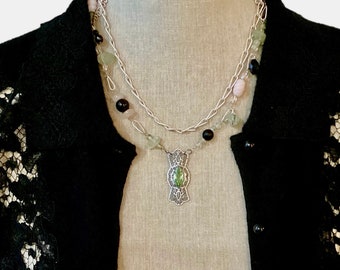 Ornate Filigree Upcycled Art Deco Pendant Necklace-Faceted Marquis Peridot-Handmade Gemstone Beads Double Chain Necklace-Pink/Green/Black