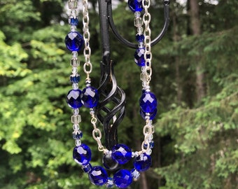 Bold Cobalt Blue Glass Bead Silver Necklace-Mid Century Makeover-Vintage Assemblage Necklace-Faceted Beads/Crystals-Double Layer