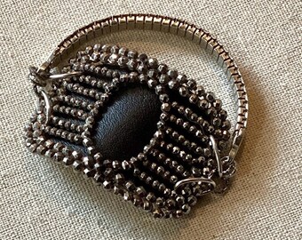 Upcycled Steel Cut Shoe Buckle Bracelet, Vintage Watchband, Black Leather Accent
