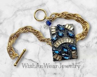 Ornate Antique Blue Glass Sapphire Gold Chain Bracelet-Rhinestones-Repurposed UpCyCLed Vintage Jewelry-Original Handmade-WishAnWearJewelry