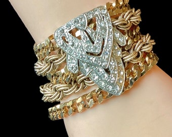 Fantabulous Vintage Makeover Bracelet-UpCyCled-Redesigned-Repurposed-ReFashioned Art Deco Rhinestone Dress Clip Multi Gold Chain Bracelet