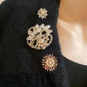 3 Mid Century Glam Rhinestone Brooch/ Pin Set-Versatile Vintage Bling-Mixed Metals-Unique Gift for Her/Him