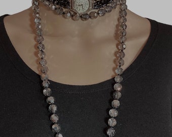 Handmade Faceted Black Bead Choker Necklace-Upcycled Vintage Watch-Eclectic-One of a Kind-WishAnWearJewelry