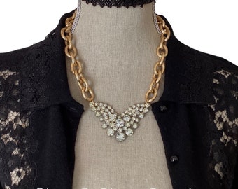 Big Bold Beautiful One of A Kind Upcycled Vintage Glam RockStar Statement Necklace-Rhinestones-Retro-Chunky Gold Chain-WishAnWearJewelry XO