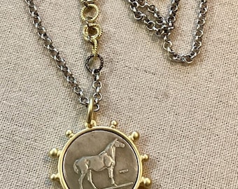 Horse Coin Pendant Necklace-Two Tone-Long Chain-One of a Kind-Equestrian Lover Gift-Show Horse-Race Horse-Cowgirl-Southwestern-Rodeo