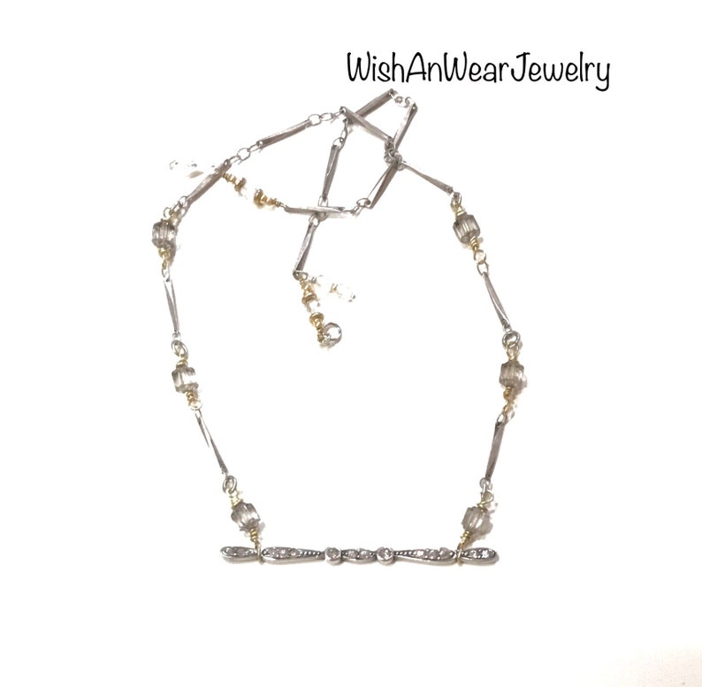 Sterling Silver Bar Pendant Necklace-Handmade-2 Tone Metals-Rhinestones-Crystals-Redesigned Vintage Brooch-Minimalist-OOAK-WishAnWearJewelry