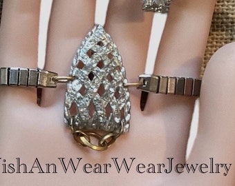 Silver Boho Rhinestone Crystal Stretch Watchband Bracelet-Repurposed Art Deco Dress Clip/Brooch-Original Vintage Assemblage Jewelry Design