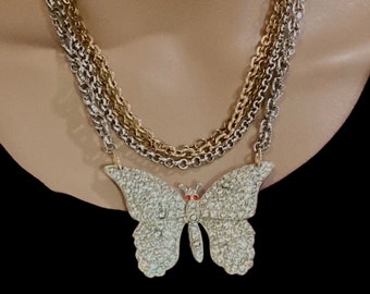 Beautiful Vintage Rhinestone Butterfly Pendant Necklace-Multi Layered Chains-2 Tone-UpCyCled Repurposed Jewelry-Converted Art Deco Brooch