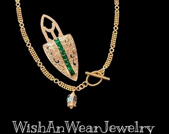 Removable Art Deco ‘30 Dress Clip/Brooch Pendant Necklace-Emerald Green/Clear Rhinestones-Yellow Gold Chain-Vintage Assemblage-Gift for Her