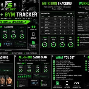 Könnte beinhalten: Eine digitale Fitness-Tabelle mit dem Titel FuelSet Studio Macro + Gym Tracker, die ein Dashboard, ein Ernährungsprotokoll, ein Trainingstagebuch und einen Fortschrittstracker auf schwarzem Hintergrund mit leuchtend grüner Schrift enthält.