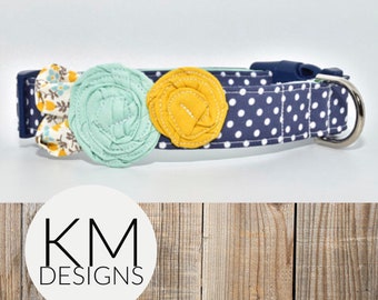 Flower Dog Collar - Navy/White Dot with Mustard/Mint Flowers and Floral Leaves - Spring - Summer - Girl Dog Collar - Fall Dog Collar