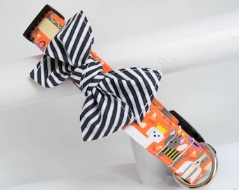 Halloween Dog Collar - Orange Dog Costume with Black and White Stripe Bow - Girl Dog Collar - Fall - Autumn 2021