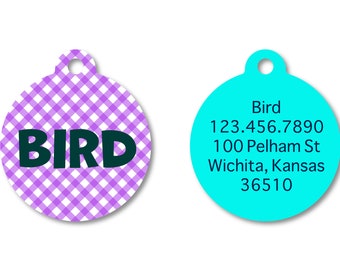 Purple Gingham Pet I.D. Tag with Turquoise Back - Spring 2024 Collection - girl dog tag - circle pet accessories - personalized pet name tag