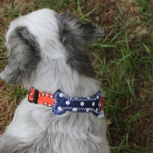 Adjustable Dog Collar with Bone - Red/Navy Polka Dot