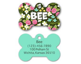 Floral Pet I.D. Tag - olive green and pink flowers identification tag - girl dog tag - bone spring pet accessories - personalized name tag