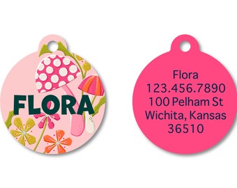 Peach Mushroom Pet I.D. Tag with Bright Pink Back - Spring 2024 Collection - girl dog tag - circle pet accessories - personalized name tag