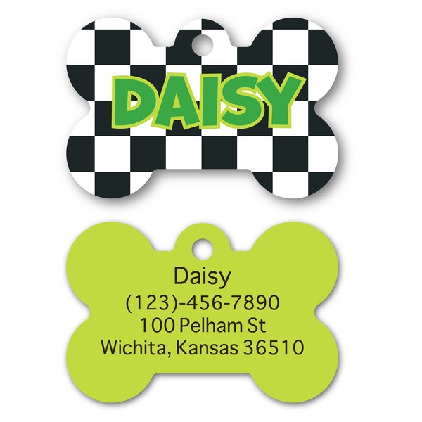 Check Pet I.D. Tag - Fifties inspired racing check - black and white - boy dog tag - bone lime green pet accessories - personalized name