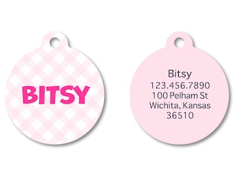 Blush Pink Gingham Pet I.D. Tag - baby pink and white check girl dog tag - small puppy tag - cute pet accessories - personalized name tag