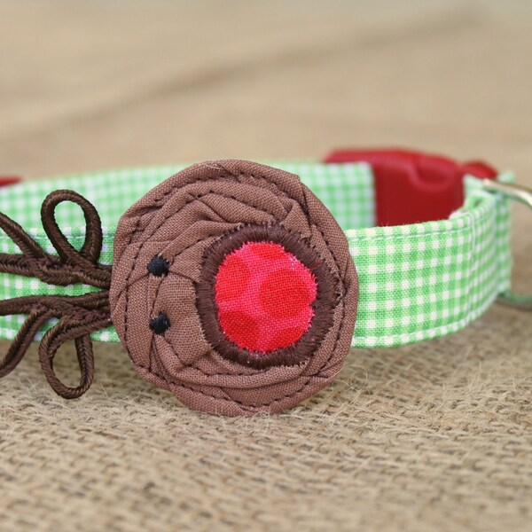 Christmas Dog Collar - Reindeer on Green Mini Gingham with Red Hardware